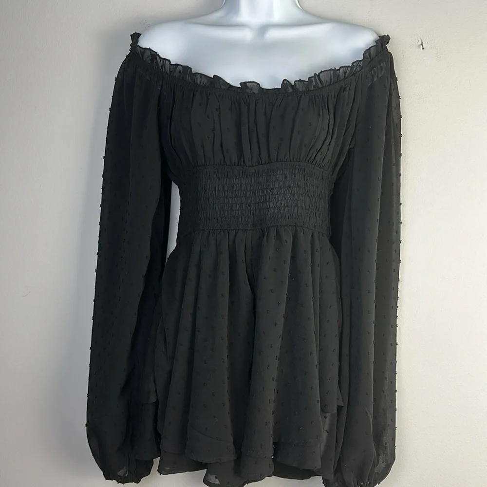 Urban Outfitters Rosie Clip Dot Smocked Long Sleeve Romper SM Black Fairygoth - Picture 4 of 16